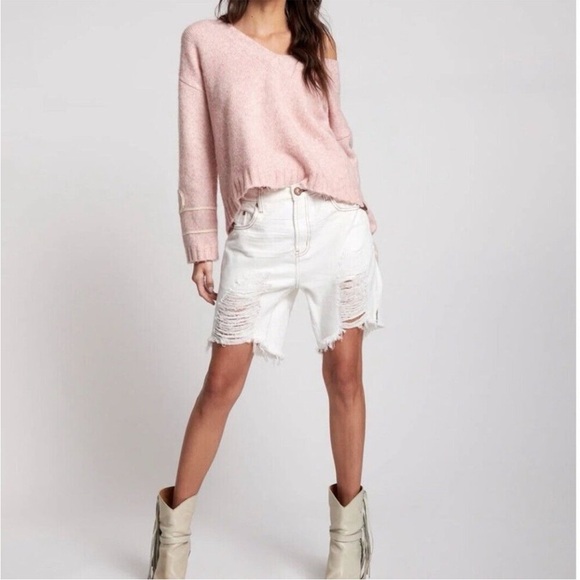 NWT One Teaspoon Stevies Mid Rise Bermuda Denim Shorts Destructed Rips Ivory 26 - Picture 16 of 16